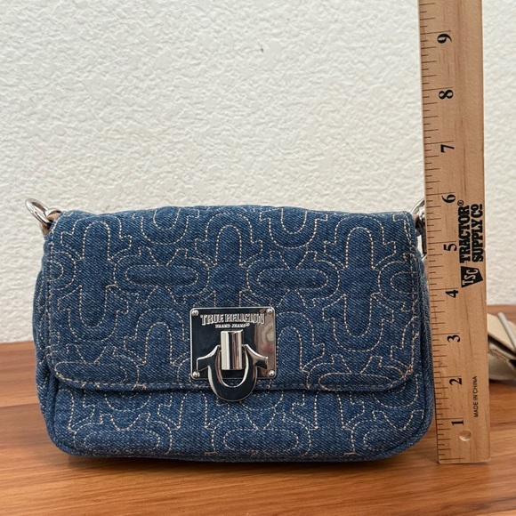 TRUE RELIGION Denim Quilted Horseshoe Wide Strap Coin Purse Flap Crossbody Bag - Picture 8 of 16